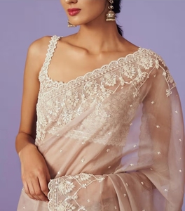 Sari Rosa de Organza Elegante con Bordado Floral KV Silk, con Blusa Sin Coser, Sin Arrugas, Reversible, para Bodas y Fiestas de Otoño - Product Image 1