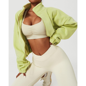 Nueva Llegada Sudadera Corta con Cierre para Mujer, Color Verde Lima, 100% Algodón, Secado Rápido, Cuello Alto, Hombros Caídos, Manga Larga - Product Image 5