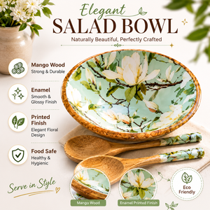 Juego de Ensaladeras de Madera de Mango Hechas a Mano de Primera Calidad con Acabado Esmaltado con Diseño Floral de Magnolia, Tazón de Madera para Servir Alimentos, Apto para Cocina - Product Image 5