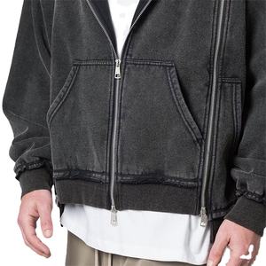 Sudadera con capucha y cremallera personalizada para hombre, estilo callejero, lavado ácido, negro, vintage, doble cremallera, bolsillos de canguro, Chaqueta corta de invierno, teñida lisa - Product Image 5