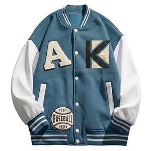 Chaqueta universitaria transpirable a prueba de viento de algodón 100% azul cielo, abrigo con cuello levantado y letras, bordado de béisbol, Invierno - Product Image 1