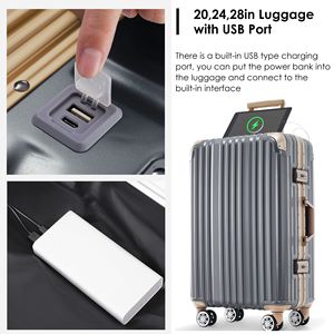 1 pezzo 24in telaio in alluminio porta porta USB valigia Spinner ruote TSA blocco Trolley da viaggio per brevi viaggi d'affari spiaggia - Product Image 3