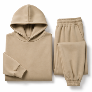 Ensemble de survêtement beige à capuche pour homme, en coton, avec logo imprimé en relief, style streetwear, coupe ample, longueur intégrale, pour l'automne - Product Image 4