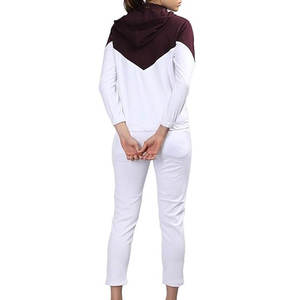 Women Sporty <b>Tracksuit</b> White Burgundy Color Blocking Hooded Zipper Full Sleeve Side Pockets Lightweight Spring Casual - Product Image 5