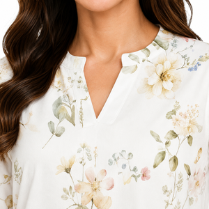 Robe midi pour femme en mousseline de coton à imprimé floral blanc, manches courtes, col en V, coupe ample, décontractée, été, avec poches - Product Image 3