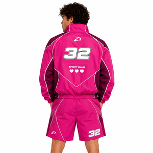Conjunto Deportivo Moderno Personalizado con Chaqueta Cortavientos Rosa con Capucha y Pantalones Cortos para Correr, con Ribete Reflectante y Transpirable, de Nailon - Product Image 2