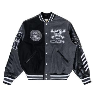 Chaqueta Varsity para Hombre, Negra y Gris, 100% Poliéster, Resistente al Viento, Diseño de Calavera con Parches, Cuello Camisero, Estilo Casual, Corte Regular, Invierno - Product Image 4