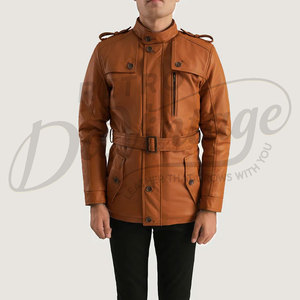 เสื้อแจ็คเก็ตหนังแท้สีส้มแทนสำหรับผู้ชาย สไตล์ซาฟารี อุ่นสบายสำหรับฤดูหนาว มีเข็มขัด ทรงเข้ารูป กระเป๋าหลายช่อง เสื้อคลุมลำลอง - Product Image 3
