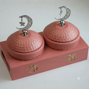 Hammered Work Metal Round Dates Serving Bowls With Moon Star Lid Reddish Pink Color Oriental Design For Ramadan <b>Eid</b> Tabletop Use - Product Image 4