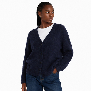 Cárdigan de Punto para Mujer, Cuello en V, Color Azul Marino, Manga Larga, Casual, Color Sólido, Antipilling, Suéter para Otoño - Product Image 6