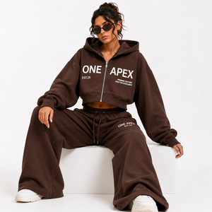 ONE APEX <b>Chocolate</b> Brown Full Length Zip Hoodie Tracksuit Women's Oversized Wide Leg Sweat Set Premium Cotton Fleece High Street - Product Image 6
