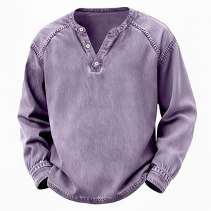 Vintage Acid Wash <b>Collarless</b> Henley <b>Shirt</b> Men Relaxed Fit Long Sleeve Pullover Breathable Solid Cotton Summer Knitted Casual - Product Image 1