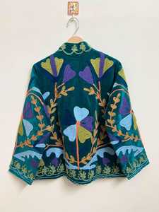 Stunning Intricate Floral & Botanical Motifs Hand Embroidered <b>Velvet</b> Suzani Jacket Boho Vintage Inspired Look <b>Coat</b> Winter Blazer - Product Image 2