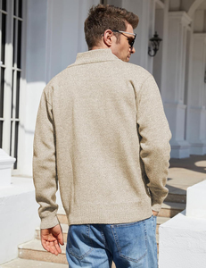 Cardigan en tricot beige pour homme, fermeture éclair intégrale, col roulé, manches régulières, doublure à carreaux, vêtement d'hiver, pull en laine acrylique - Product Image 2