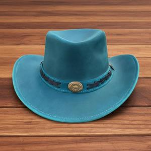 หมวกคาวบอยหนังแท้สีเขียวอมฟ้า ทำมือ สไตล์เวสเทิร์น สตีมพังก์ สำหรับงานเทศกาล ขายส่ง ราคาไม่แพง - Product Image 2