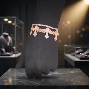 Bracelet en or rose à motif croix, serti de moissanite et de diamants taille brillant ronde, micro-pavé, monture à griffes, bijoux religieux pour femme - Product Image 1