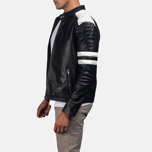 Chaqueta de Motociclista de Cuero Genuino Negro para Hombre, Diseño con Rayas Blancas, Corte Ajustado, Fabricante Personalizado - Product Image 4