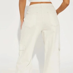 Pantalon cargo taille haute pour femme, couleur unie, coupe ample, longueur intégrale, en toile, décontracté, avec poches, respirant, style printemps - Product Image 3