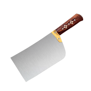 Cuchillo de carnicero de acero inoxidable plateado con mango de madera marrón, bolster dorado, hoja ancha, cuchillos de cocina resistentes para picar. - Product Image 1