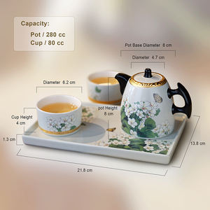 Service à thé en céramique moderne chinois motif Fleur de Tung, avec théière, tasses et plateau de service rectangulaire en porcelaine décorée, idéal pour cadeau d'affaires - Product Image 2