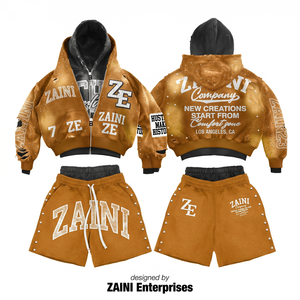 Ensemble sweat à capuche et short en molleton de coton épais 340 GSM respirant pour l'hiver, marron et noir, avec détails personnalisés et effet vieilli - Product Image 1