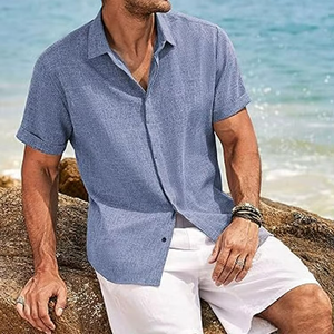 Custom High Quality Men's Linen Short Sleeve <b>Shirt</b> Casual Button <b>Shirt</b> Men's Beach <b>Summer</b> <b>Shirt</b> - Product Image 1