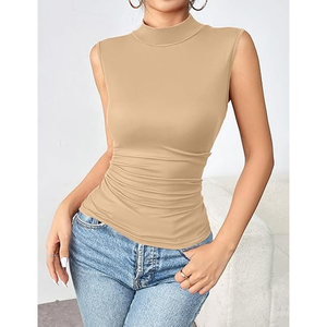 Camiseta sin mangas de cuello alto para mujer, hecha a medida, de moda, ajustada, elástica, de spandex/poliéster, con bordado, de color liso. - Product Image 6