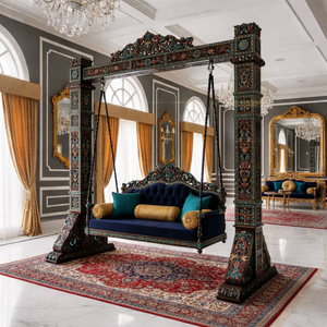 ชิงช้าไม้สักหรูหราสั่งทำพิเศษสำหรับบ้านสไตล์อินเดีย ดีไซน์เนอร์มาฮาราจา จูลา ชุดชิงช้าระเบียงแกะสลักคลาสสิก สินค้านำเข้าจากสหรัฐอเมริกา - Product Image 3