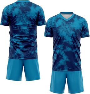 Custom Men's Soccer Jersey Set Blue <b>Tie</b>-<b>Dye</b> Sublimated V-Neck Moisture Wicking Short Sleeve Regular Fit Adult All Seasons - Product Image 1