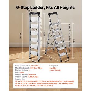 Scala Pieghevole Portatile in Alluminio a 6 Gradini con Pedale Antiscivolo e Impugnatura Confortevole, Capacità 150 kg, Design con Sedile Largo - Product Image 2