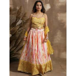 Alluring <b>White</b> and Yellow Sequins Chinon Haldi Wear <b>Lehenga</b> Choli for Wedding - Product Image 1