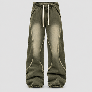 Jeans coupe droite pour homme avec franges latérales, denim épais délavé vintage, style streetwear, vente en gros - Product Image 2