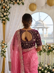 Sari en soie rose avec blouse brodée pour mariage, tenue traditionnelle indienne pour femme, longueur au sol - Product Image 2
