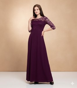 Robe longue en tissu georgette pour femme, couleur violette, avec doublure en crêpe, tailles M 38, L 40 disponibles, vente en gros, stock disponible - Product Image 6