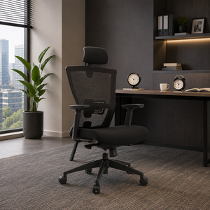 Chaise de bureau exécutive ergonomique moderne Kinsha à dossier haut, réglable électriquement, en tissu maillé, avec cadre en plastique et pivotement 3D - Product Image 1