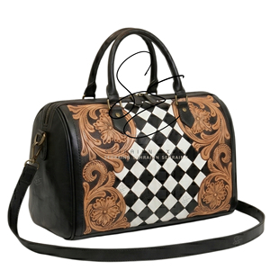 Bolsa de Viaje de Cuero Repujado Estilo Western SEHRAINN, con Patrón Floral a Cuadros Vintage y Cierre de Cremallera - Product Image 2
