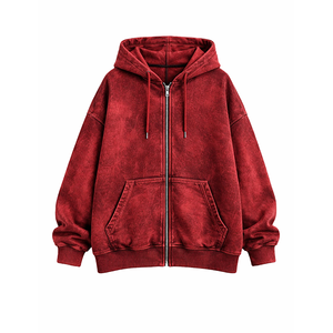 Sudadera con capucha de alta calidad 100% algodón, roja, con lavado ácido, cremallera completa, forro polar grueso y cálido, estilo casual urbano, holgada, de secado rápido. - Product Image 2