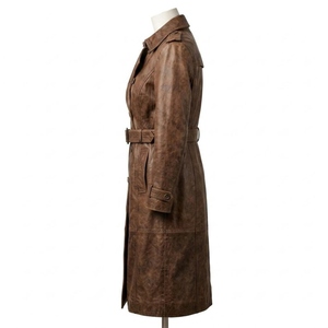 Manteau trench en cuir véritable de qualité supérieure pour femme, classique, à double boutonnage, avec ceinture, marron vintage, vêtement d'extérieur tendance, style personnalisé - Product Image 4