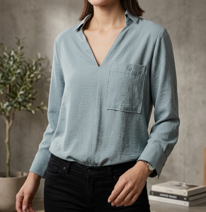 Women's <b>Linen</b> Shirt Long Sleeve Solid Color V-Neck Loose Fit Breathable Minimalist Style Spring Summer <b>Top</b> Vietnam Factory OEODM - Product Image 3