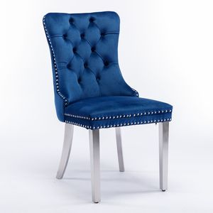 Sedia da Pranzo Moderna di Alta Gamma, Contemporanea, con Schienale Trapuntato, in Legno Massello, Rivestimento in Velluto, Gambe Cromate in Acciaio Inossidabile con Borchie - Product Image 3