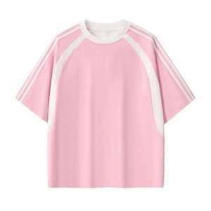 Camiseta Oversize Rosa de Manga Raglán para Hombre, Casual, Cuello Redondo, Tejida, Color Sólido con Ribete en Contraste, Diseño Liso - Product Image 1