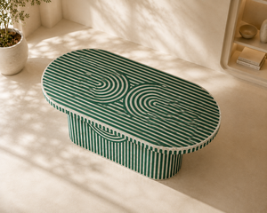 Table à manger ovale en bois massif rayée vert et blanc, style moderne géométrique, pour îlot de cuisine ou salle à manger - Product Image 5