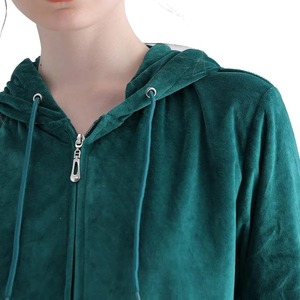 <b>Women's</b> Green Velvet <b>Tracksuit</b> Hooded Full Sleeve Solid Color Casual Autumn Wear with Side Pockets Zipper Closure - Product Image 5