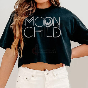 INDEX APPAREL Women's Black Crop <b>Top</b> Crew Neck Short Sleeve Moon Child Print Casual T-Shirt Spring Summer Wear - Product Image 4