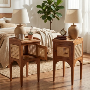 New Modern Minimalist Baraja Wooden Nightstand Natural Rattan Cane Bedside <b>Table</b> <b>Storage</b> Cabinet Side <b>End</b> <b>Table</b> Lamp Chest Stand - Product Image 2
