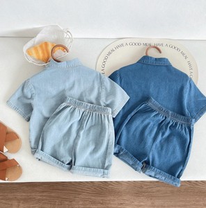 Denim Short Sleeve Shirt With Shorts Set For Kids Casual Wear Solid Color Turn-down Collar Pockets Regular - Product Image 4