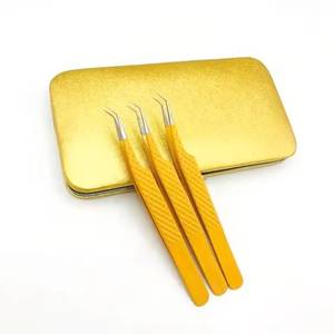 Ensemble de pinces à cils en acier inoxydable de précision, manche jaune, pointe lisse, 3 pièces pour outils d'extension de cils - Product Image 2