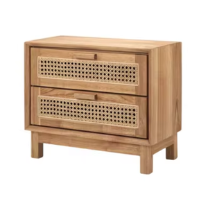Teak Solid Wood Convertible Living Room Storage <b>Cabinet</b> with Wicker <b>Rattan</b> Accents Modern Style for Apartment Home Decor - Product Image 2