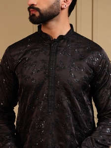 <b>Men</b> Black Glitter Silk <b>Kurta</b> Pajama Set Regular Fit Traditional Indian Pakistani Knee-Length Wrinkle Free Wedding Wear - Product Image 6