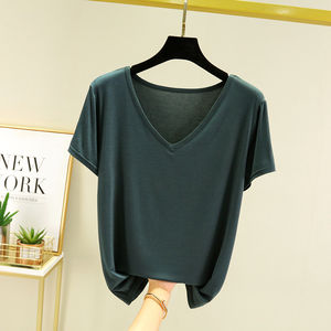 T-shirts en coton modal de bonne qualité, unis, en gros, col en V, manches courtes, tops d'été, mode coréenne, décontractés, pour femmes - Product Image 5
